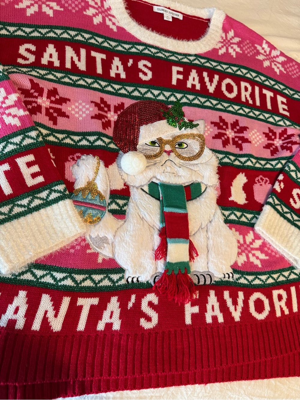 Santa's Favorite Cat Ugly Holiday Sweater - Red & Pink